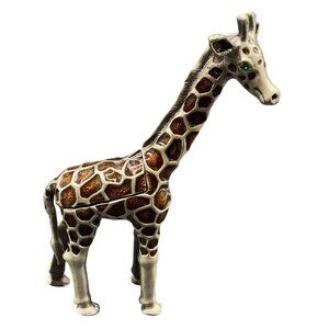 Enamel & Metal Giraffe Trinket Box With Green Gem Eyes 5"H x 3.5"L